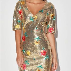NWT Lulus Gold Floral Sequin Bodycon Dress